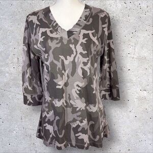 NORMA KAMALI Top Womens Large Gray Brown Camo V-Neck Pullover Organic Cotton NWT